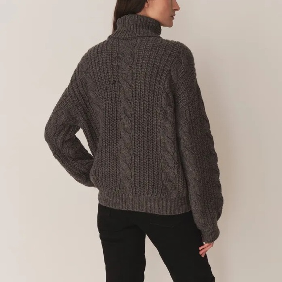 Doen Leighton Merino Wool Cable Knit Turtle Mock Neck Sweater Dark Grey - Picture 3 of 10